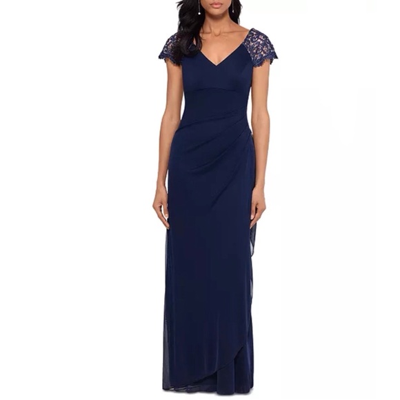 XSCAPE Blue V-Neck Lace Cap Sleeve Chiffon Gown Size 18 - Picture 1 of 12